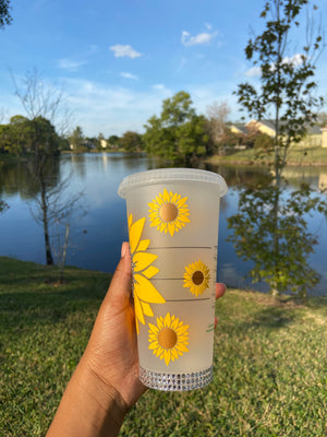 Yellow sunflower cold cup with mini sunflowers going around left side view