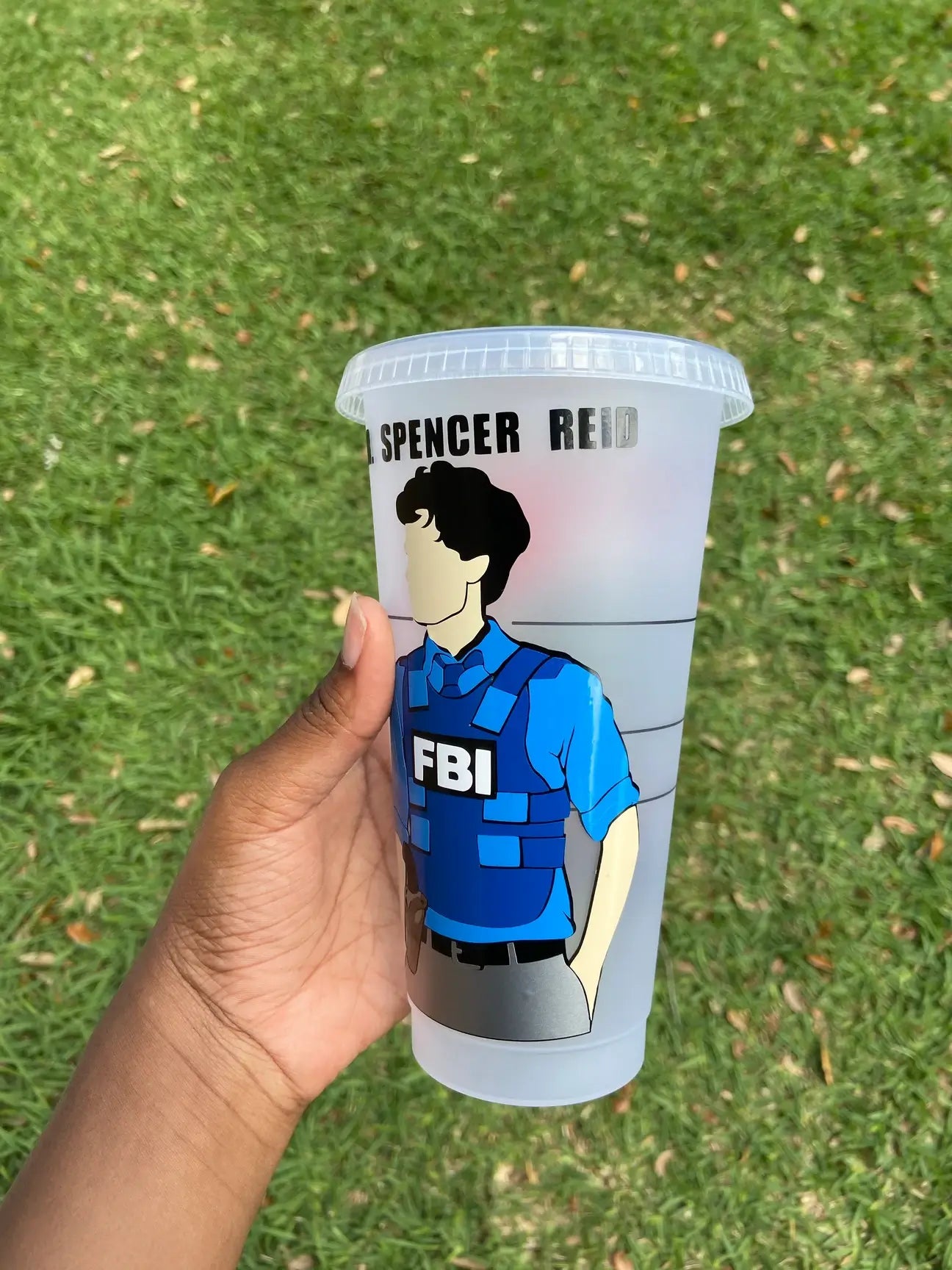 24 ounce Starbucks cold cup with Spencer Reid / Matthew Gray Gubler from Criminal Minds FBI agent